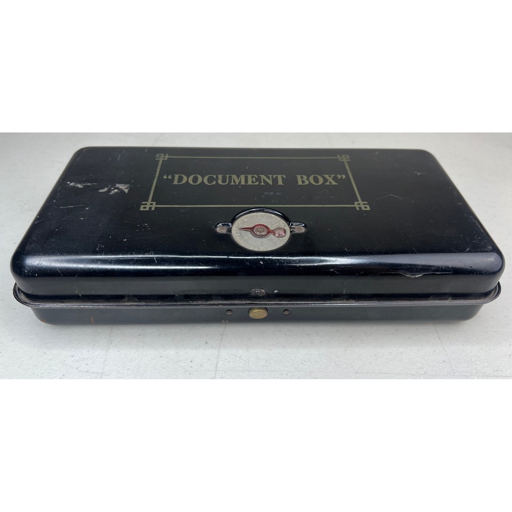 Vintage Black Tin Metal Document Box Combination Lock Money Safe Storage Chest